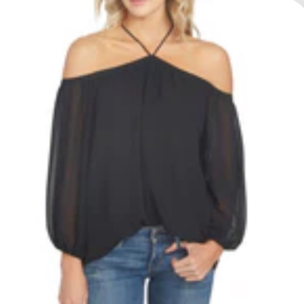 1 State Black Halter Blouse XS Pleated Neck Sleeveless Keyhole Glam Top